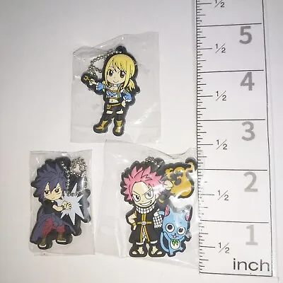 A74285 Fairy Tail Rubber Charm Keychain Natsu & Happy + Lucy + Gray • £19.27