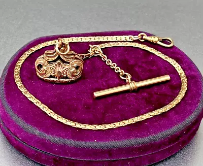 Vtg Victiorian 12K Gold Filled Watch Chain W/ Fob T Bar & Dog Clip 12  Necklace • $124