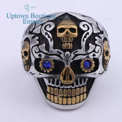 Men's Stainless Steel Two Tone Blue Gothic Biker Skull Face Ring Size 8-13 #65 • $13.99