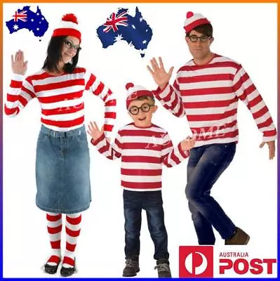 Halloween Costume Wheres Wally Women Men Kids T-shirt Glasses Hat Socks Cosplay • $17.98