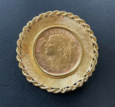 Vintage 1947 Switzerland 20 Franc Gold Coin In 18kt Yellow Gold Pendant/Brooch • $1550