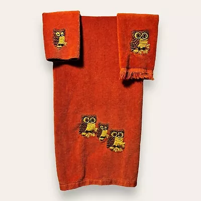Martex 1970's Owls On Orange Bath/Hand Towel Wash Cloth 3 Piece Set • $29.88