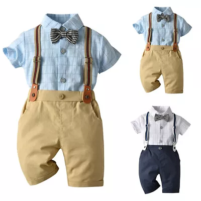 Kids Baby Boys Gentleman Outfits Boy Summer Check Shirts Suspenders Shorts Set • £6.59