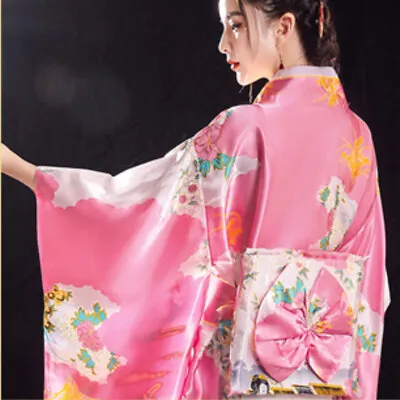 Ladies Ethnic Japanese Satin Floral Kimono Yukata Nightgown Pajama Party Fashion • £30.65