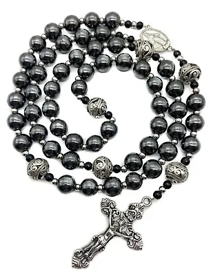 Hematite Rosary Black Stone Beads Metal Beaded Necklace Mary Miraculous Medal • $19.49