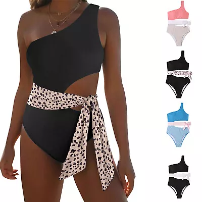 Women's High Waist Bikini Bottoms Women's Sexy One Shoulder Color Matching Belt • $41.73