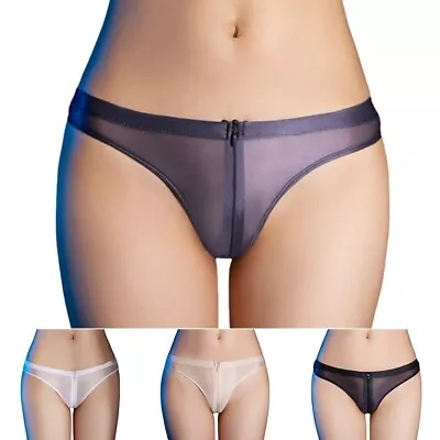 Shinny Women's Zip Up Underwear Lingerie Open Crotch Panties With Sheer Briefs • £7.90