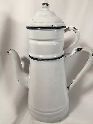 Graniteware White Double Coffee Pot Two Handles Lid Enamel Ware Vintage Rare • $77.50