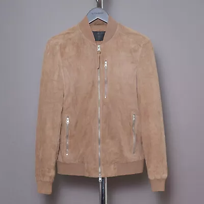 ALL SAINTS Mens KEMBLE Suede Leather Jacket Tan Biker Bomber Moto EXTRA SMALL • £179.99