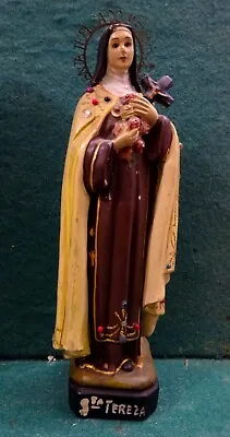 ST THERESE OF LISIEUX W/ CRUCIFIX & ROSES Vtg CHALKWARE 200mm FIGURE STATUE • $65