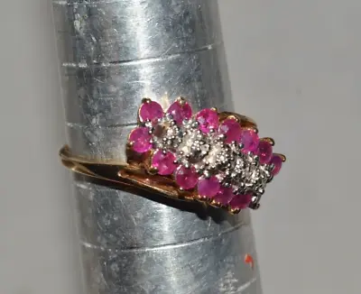 1970s 80s Vintage 10K Yellow Gold Ruby & Diamond Cluster Ring • $179.99