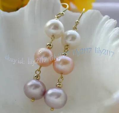 9-10mm Natural White Pink Purple Round Freshwater Pearl Dangle Gold Hook Earring • $6.29