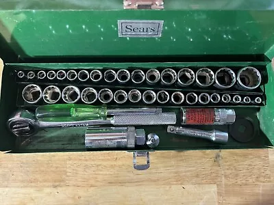 Vintage Sears 3/8  Drive 41 Piece Socket Set In Green Metal Box Ratchet # 43786 • $48