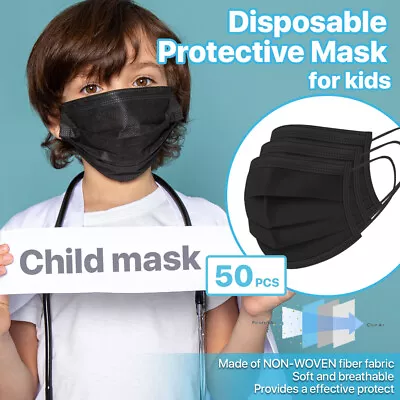 [KIDS] 50 PC Disposable Face Mask 3-Ply Non-Medical Earloop Mouth Cover - Black • $5.99