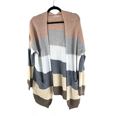 Active USA Womens Cardigan Duster Sweater Chunky Knit Striped Brown Gray M • £7.71