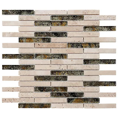 Beige Sand Travertine Stone Glass Brick Joint Mosaic Tile Kitchen Backsplash • $269.50