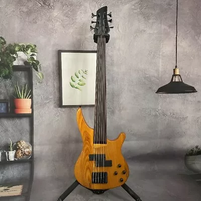 Transparent Yellow 6 Strings HH Pickups Electric Bass Guitar Fretless Free Ship • $349