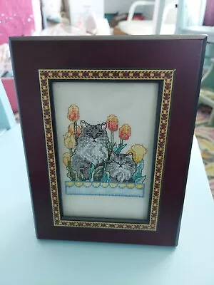 Vintage Hand Embroidered Cross Stitch Wood Framed Picture Cats 7  X  9   • $14