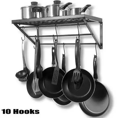 Kitchen Hanging Pot Pan Rack Wall Mount Storage Shelf Saucepan Holder 10 Hooks • £15.89