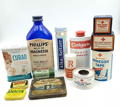 Vtg LOT 13 Tin Medicine Cabinet Anacin Aspirin Red Cross Bandage Colgate Powder • $39.99
