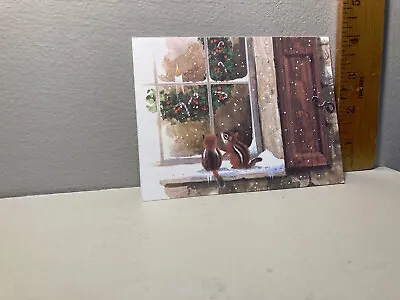 Vtg Christmas Card Chipmonks On Window Sill Candle Wreath 4 • $6.99