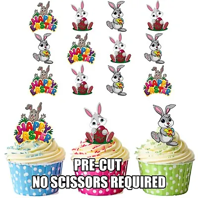PRECUT Happy Easter Cute Bunny Rabbit 12 Edible Cupcake Toppers Decorations • £3.99