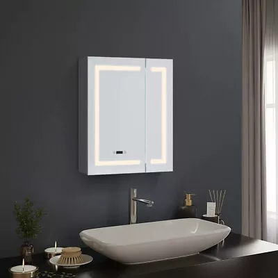 Dimmable LED Bathroom Mirror Cabinet Large Box With Clock/Shaver Socket/Demister • £155.95