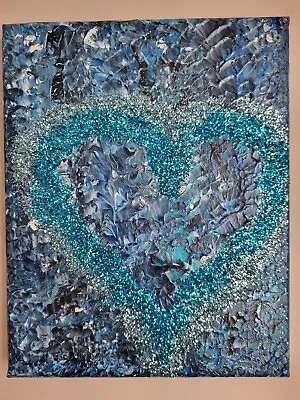 Handmade Acrylic Painting Icy Heart Frozen Blue Pallet Knifeglitter • £8.99