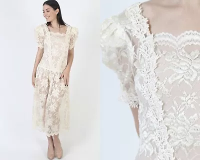Vtg Drop Waist Sheer Lace Dress Deco Flapper Scallop See Through Wedding Gown • $58.90