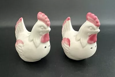 Vintage Pink And White Chicken Hen And Rooster Salt Pepper Shakers Figurine • $7.95