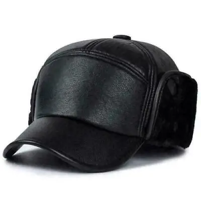 Men's Genuine Leather Baseball Caps Winter Hats With Ear Flaps Warm Cap Hat Gift • £8.38