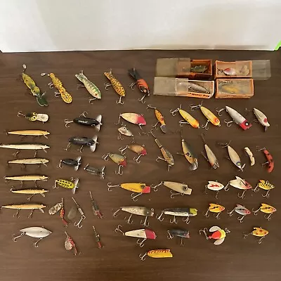 Vintage Lot Of 57 Fishing Lures Heddon Bomber Jitterbug Rapala Chub & More • $100