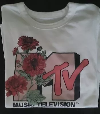 MTV Women Top SM Cream T-Shirt Logo Floral Music Graphic Short Sleeve Crew Neck • £10.61