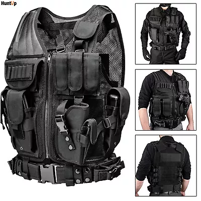 Military Tactical Vest With Holster Molle Airsoft Assault Combat Plate Carrier • $32.29