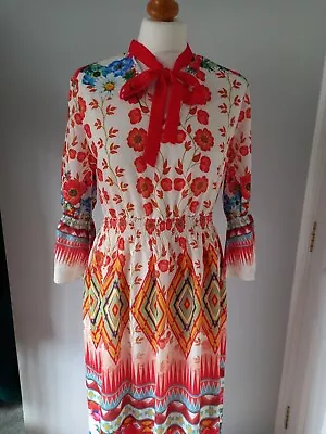 BNWT Orange Red Floral Multi Print 70's Style Maxi Dress Uk 10 • £10.99