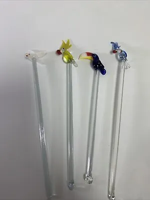 4 Vtg MCM Hand Blown Glass Parrots ￼￼Bird Toucan￼ Swizzle Sticks Blue Light￼ • $39.99