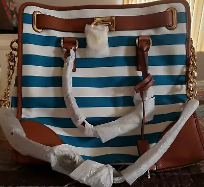 Michael Kors Hamilton Large Turquoise & White Stripe Crossbody Handbag • $179.99