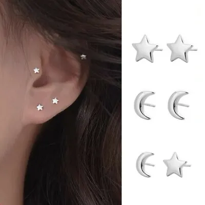 $5.99 • Buy Womens Silver Small Crescent Moon Star Screw Back Stud Earrings Surgical Steel