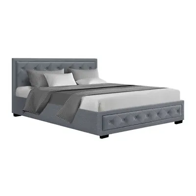 Artiss Bed Frame Queen Size Gas Lift With Storage Mattress Base Fabric Grey • $308.99