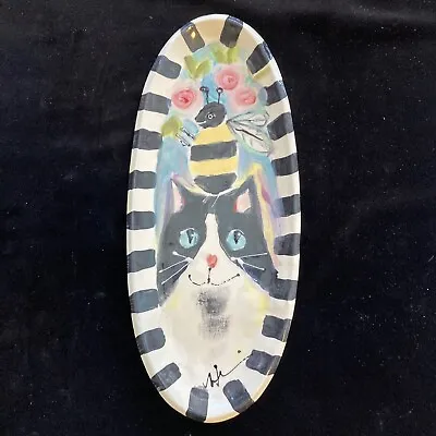 Handmade Ceramic Serving Tray Cat W/Bee 12.5”x5.5” Original Design • $26