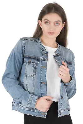 Women's Basic Collarless Denim Jacket Ladies Long Sleeve Washed Jean Biker Top • £14.90