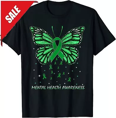 Mental Health Awareness Butterfly Green Ribbons Unisex T-Shirt • $14.92