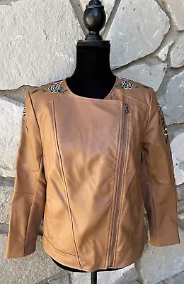 G By Giuliana Faux Leather Moto Jacket Medium Brown Embroidered Floral Excellent • $28.99