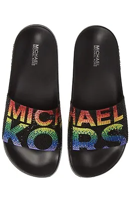 Women MK Michael Kors Gilmore Slide Slip On Sandals Rhinestone Black/Multi Color • $59.49