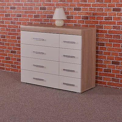 Wide Chest Of 4+4 Drawers In White & Sonoma Oak Effect Bedroom Furniture 8 Draw • £109.95