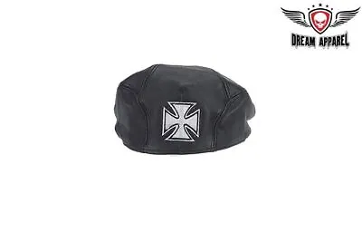 Black Leather Newsboy Cap For Fashion & Biker Rider With Chopper Design • $19.99
