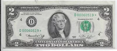 Rare 1976 Star Two Dollar Low Serial # D 00060519 * Off Set Mis Cut ! Collector • $18