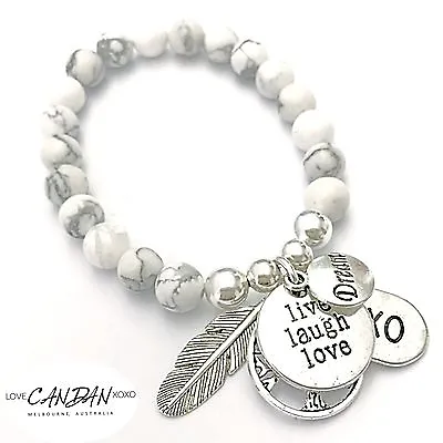 Howlite Marble Bracelet With Live Laugh Love Xoxo Dream Angel Feather Tree Charm • $24.95