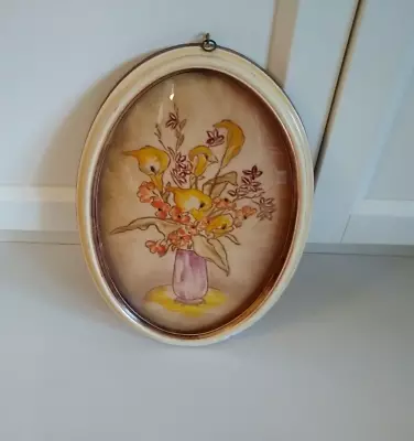 $24.95 • Buy Vtg Floral Laquer Painting Art Oval Domed Glass Framed Flowers Boho Retro 9.5x7