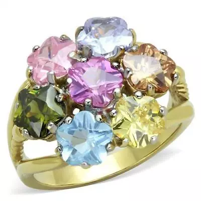 Gold Flower Ring Multi Coloured Dome Cocktail Steel 1791 • £23.99